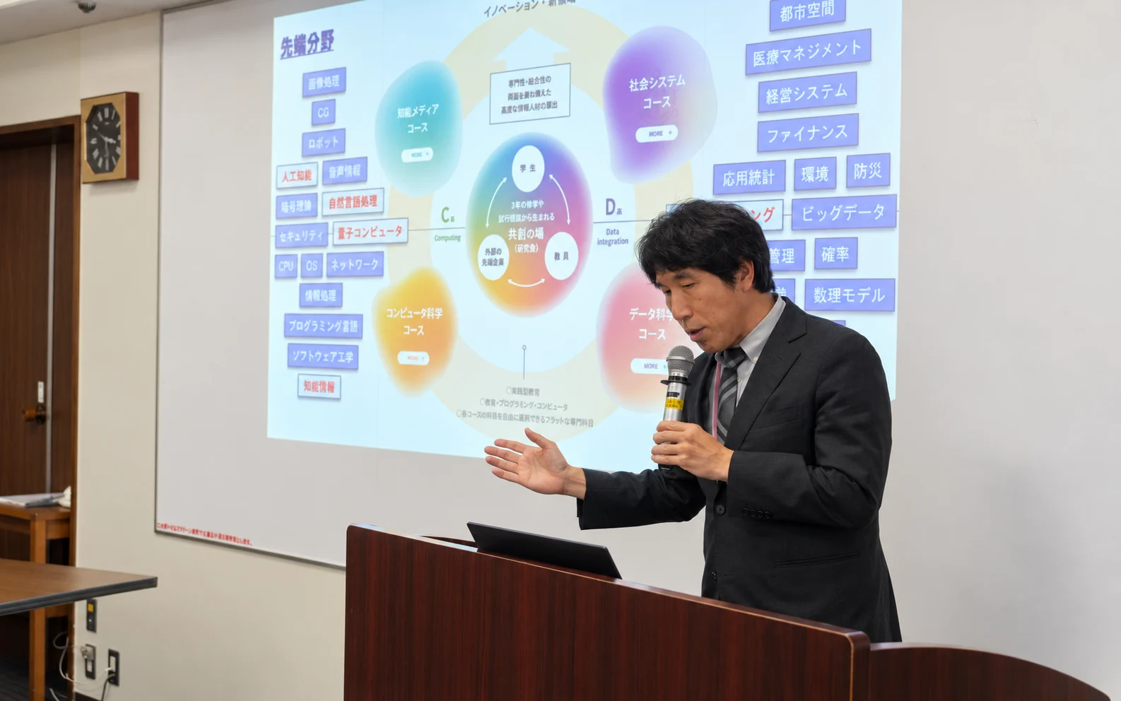 講義室でマイクを持って講演する教員